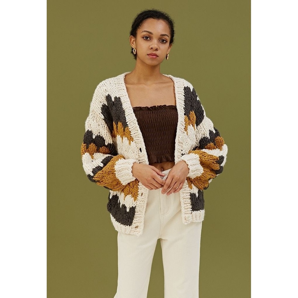 CHICWISH Color Block Hand Knit Chunky Cardigan Sweater Smoke Medium Large